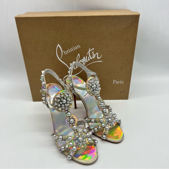 Christian Louboutin Goldora 100 Gold AB Spike Ankle Strap Sandal Heel Pump